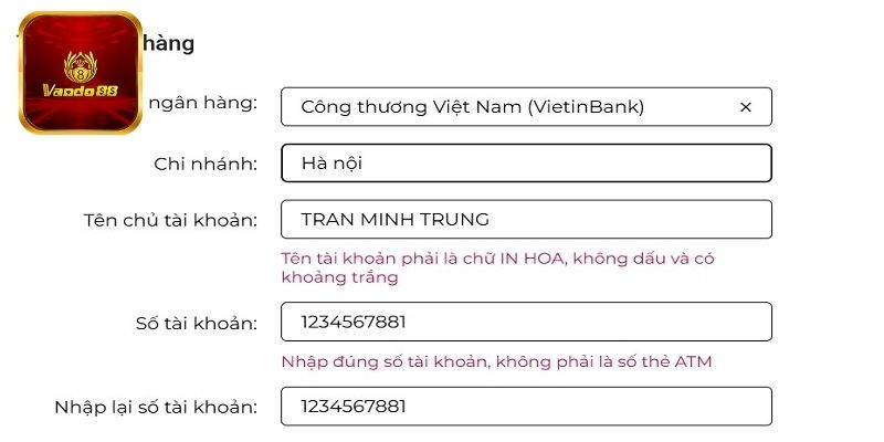 Điền thông tin đúng hướng dẫn rút tiền Vando88